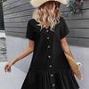 Women Button Down Dress Loose Summer Cotton Linen Dress Ruffle Hem Casual Dress Short Sleeve Tunic Dress