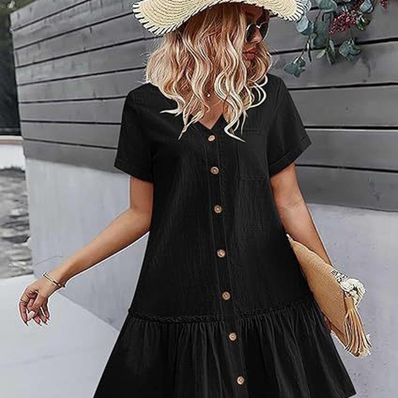 Women Button Down Dress Loose Summer Cotton Linen Dress Ruffle Hem Casual Dress Short Sleeve Tunic Dress
