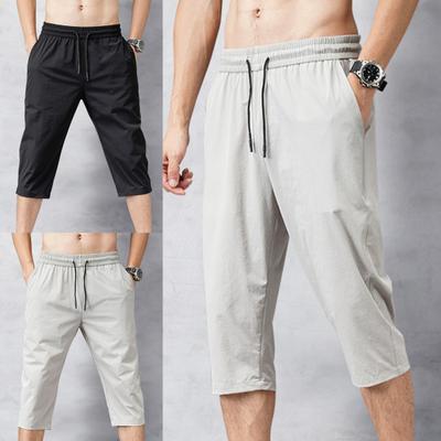 Solid Color Capri Pants Elastic Waist Men Drawstring 3/4 Length Cropped Trousers Sweatpants