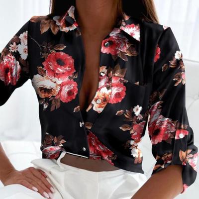 Streetwear tamanho grande impressão turndown solto mangas compridas florais elegante gola de escritório botão para baixo blusa topo