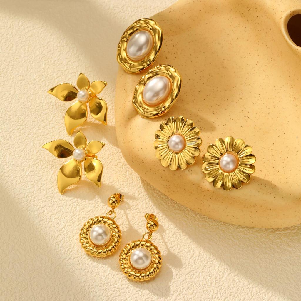 Vnox Exaggerated Chunky Stud Earrings For Women Girls,Stainless Steel Wide Flower Pearl Inlay,Light Luxury High-end Ear Jewelry