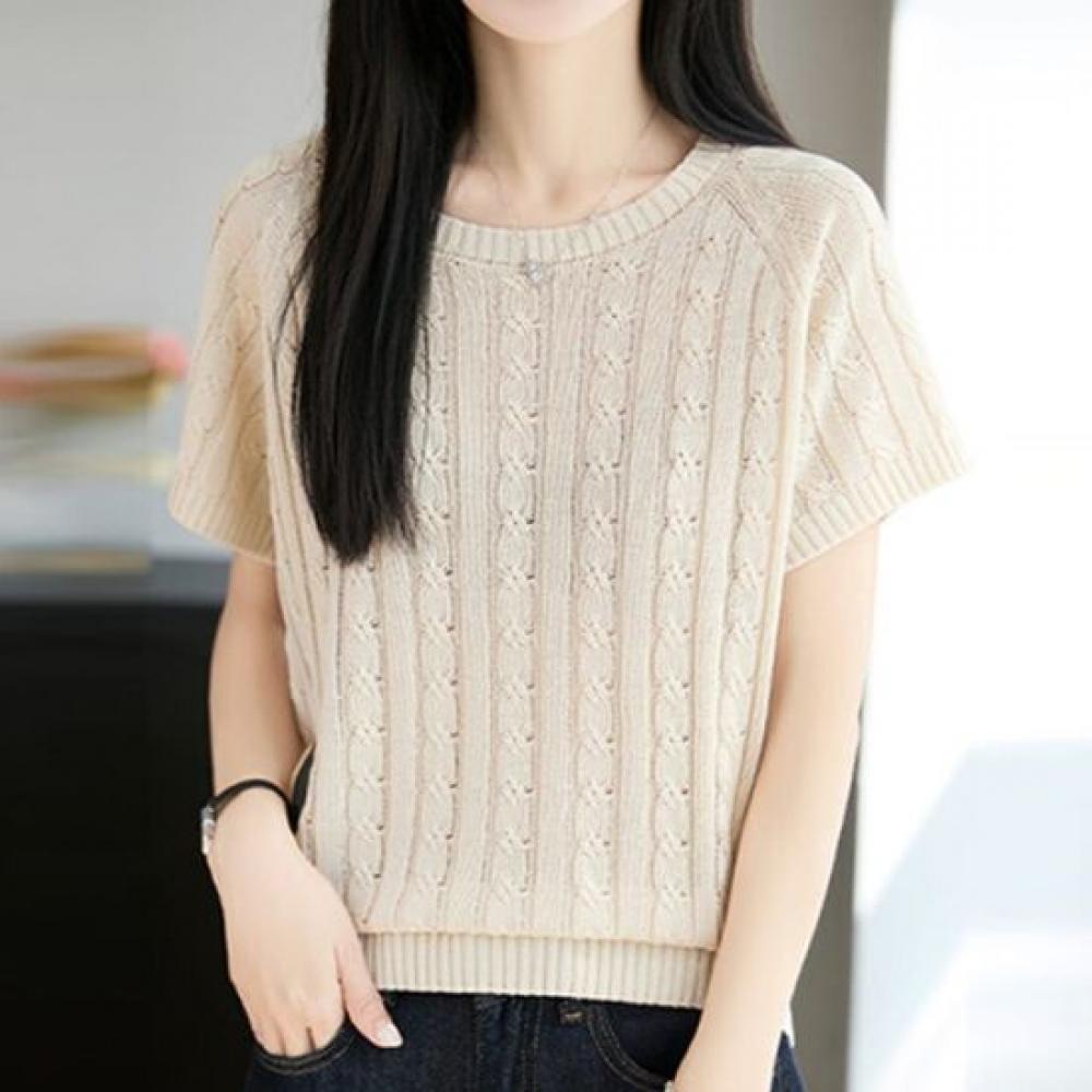 Navava Women Thin Cable Knit Round Neck Short Sleeve Sweater Nk3688