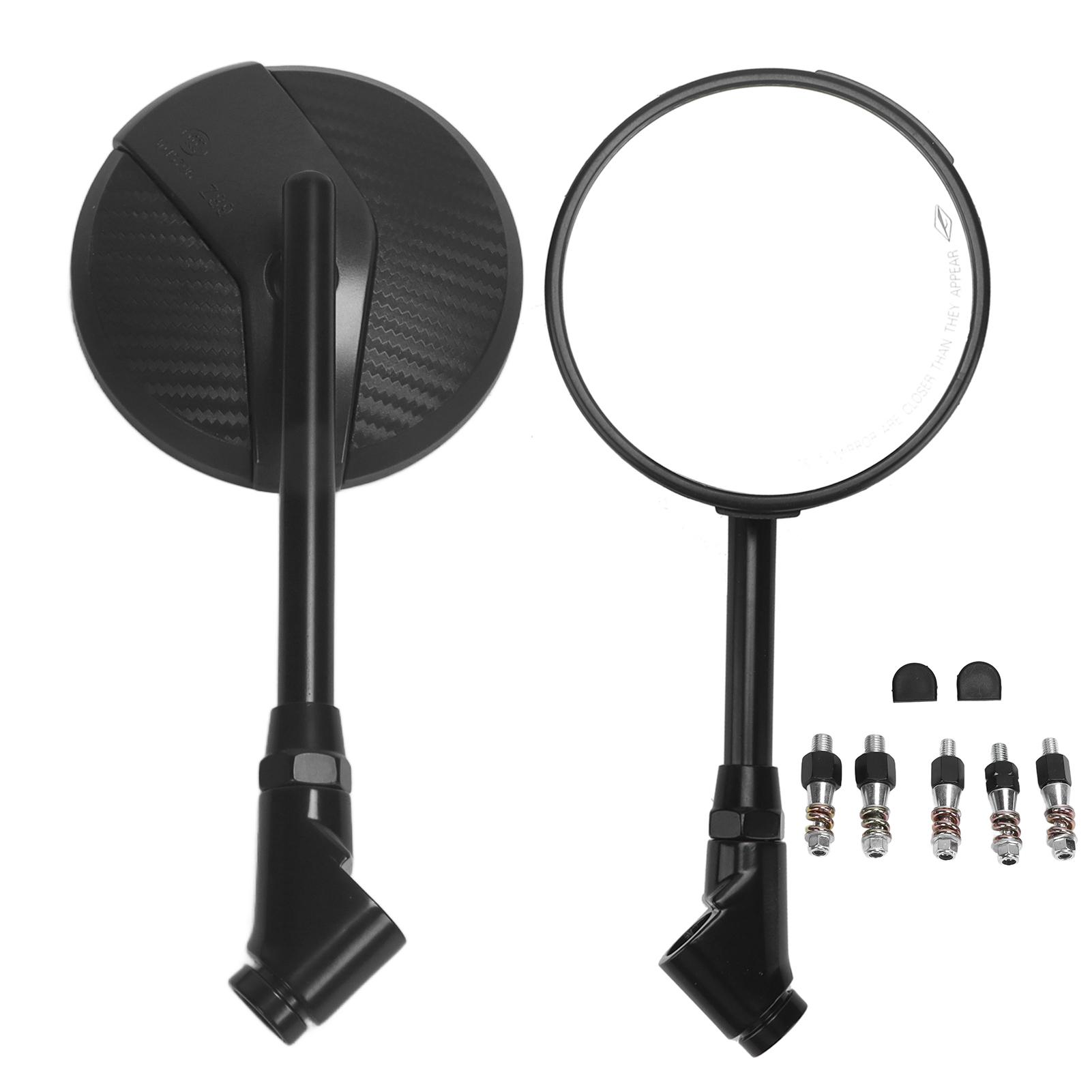 Motorcycle Rearview Mirror Round Carbon Fiber Style 360 Degrees Rotatable Universal for 8MM 10MM Base Black