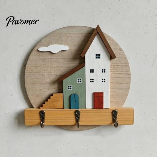 Wall Mounted Key Holder Nordic Wooden Cottage Holder, House Shaped Storage Rack with 3 Decorative Hooks for Metal Hook, Sturdy Organizer Entryway