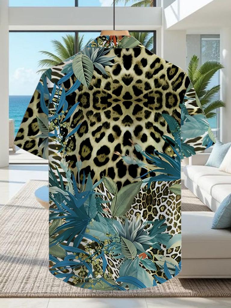 Hawaiian Style Fashion Tropical Leaf and Leopard Print 3D Printed Men's Short Sleeve Shirt, Suitable for Hawaiian Vacation Outings