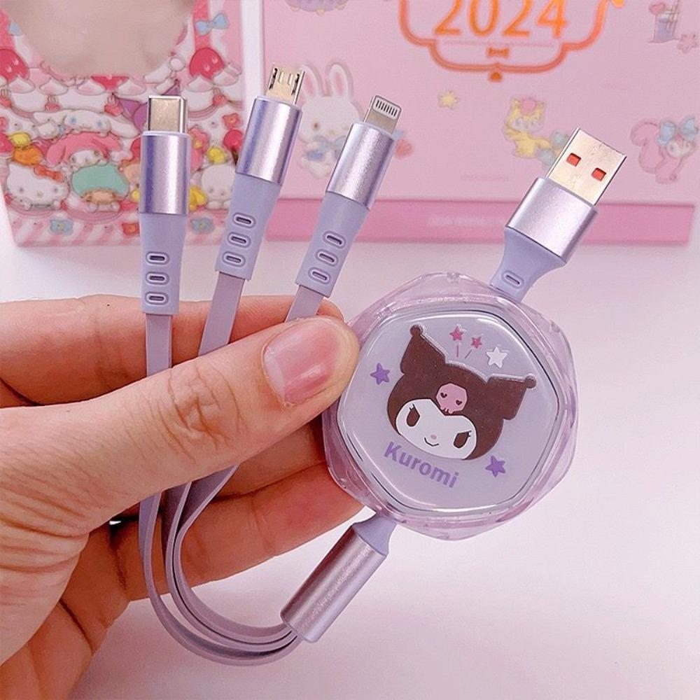 Cute Cartoon Kt Cat Melody Extendable Three-In-One Fast Charging Data Cable Suitable For Apple/Android/Huawei Type-C