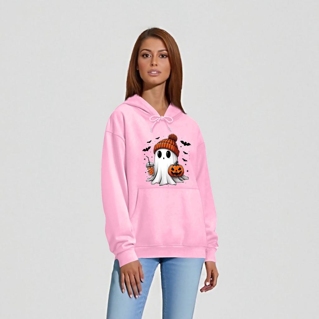 Women's O-neck Long Sleeve Halloween Printed Top Solid Color Hoodie