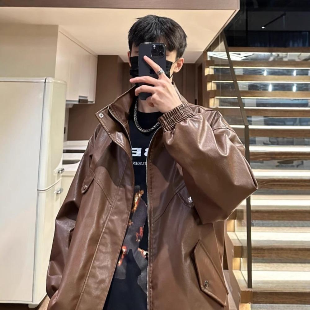 Casual sports autumn couple locomotive suit loose top jacket vintage personalized men's and women's leather jacket