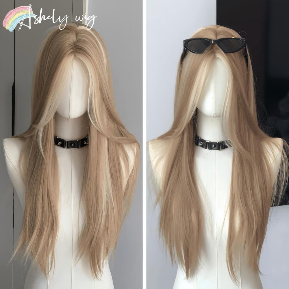 Blond peruka dla kobiet Długa prosta blond brązowa peruka Azjatycka amerykańska koronkowy przód Syntetyczna peruka do codziennego użytku Cosplay Ombre Peluca