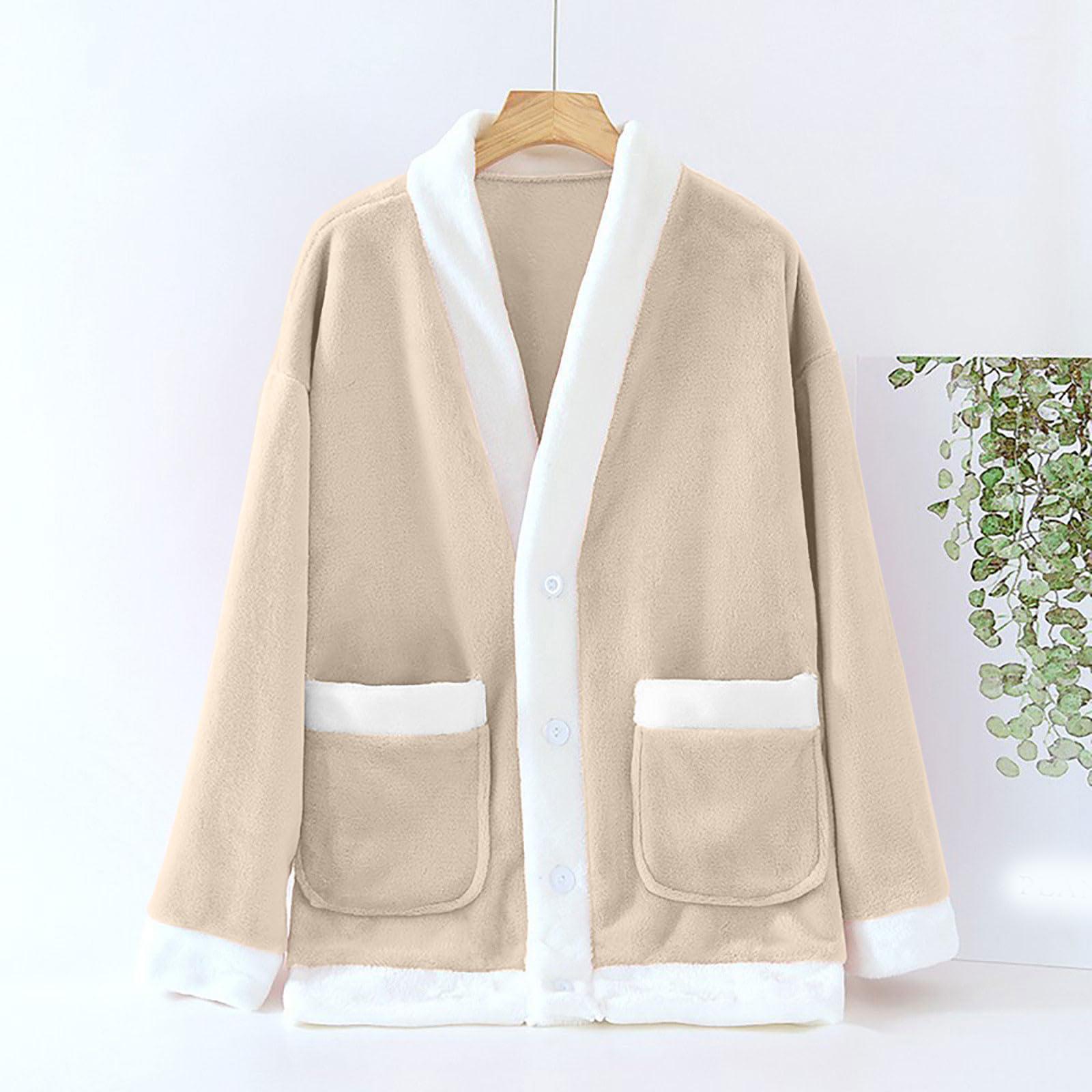 

Женский повседневный и удобный кардиган с V-образным вырезом, теплая и плюшевая домашняя одежда, пижамная куртка L бежевый