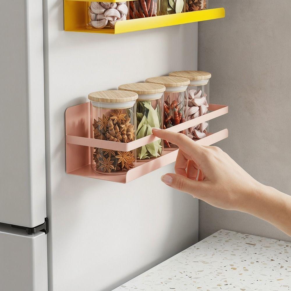 Carbon Steel Refrigerator Magnetic Shelf Wall Mounted Punch Free Magnetic Spice Rack Space Saving Large Capacity