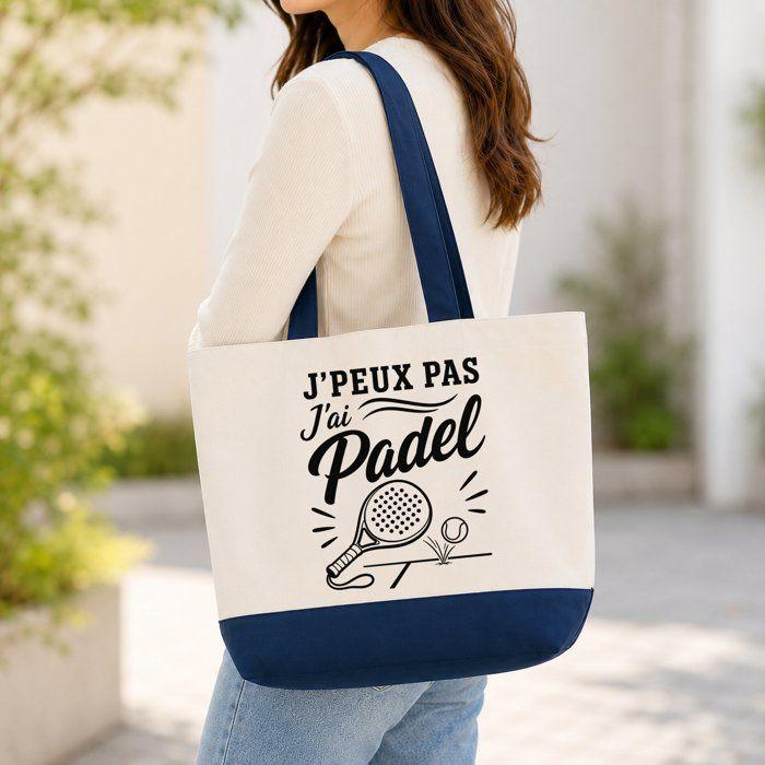 Grand Sac Cabas Fond Bleu J’peux pas j’ai Padel J'peux pas minimaliste | Toile de Coton 170 g/m² 27 L Poche Intérieure Anses 64 cm