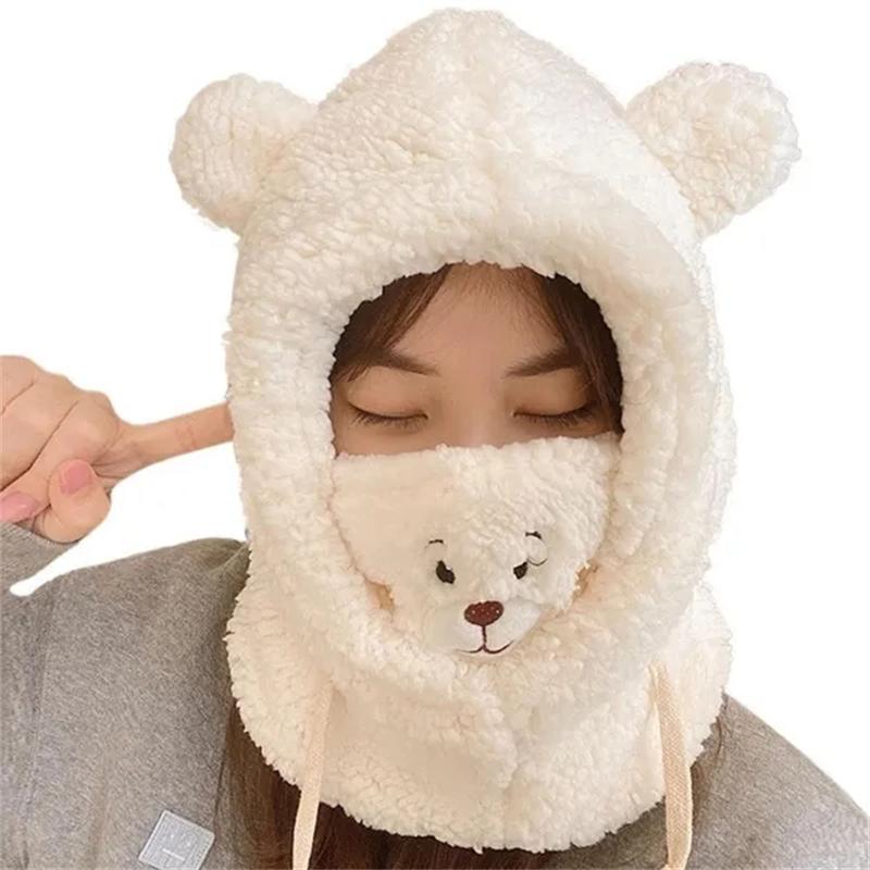Cute Cartoon Bear Ear Hat Winter Warm Fleece Plush Scarf Hats with Mask Thick Lamb Cap Skullies Beanies Hats for Women Girls