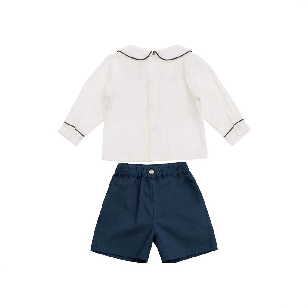 Boys' Long Sleeve Lapel Shirt & Shorts Embroidery Set - Summer Outdoor Wear