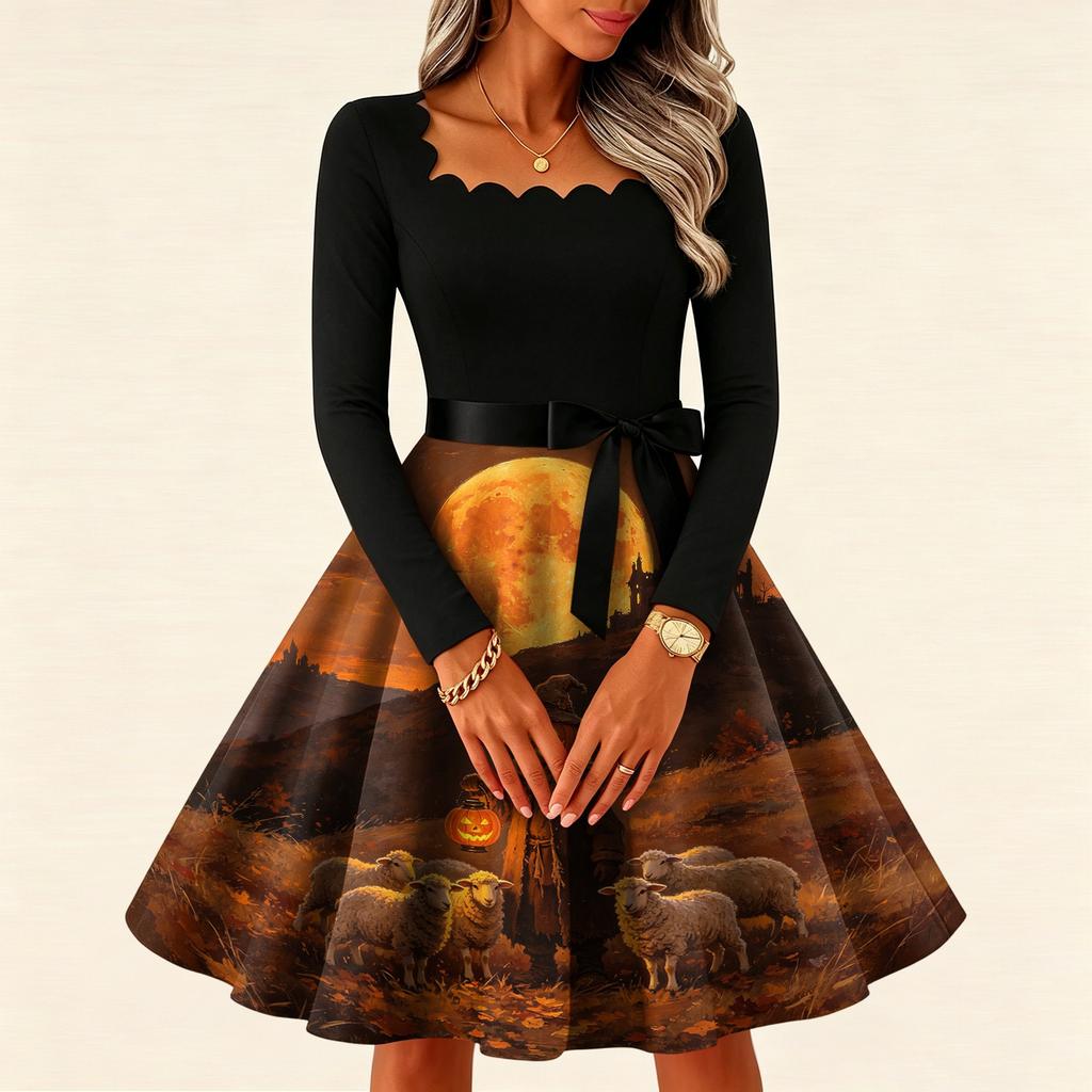 Women's Vintage Long Sleeve Square Neck Dress with Halloween Print for Party Evening Wear