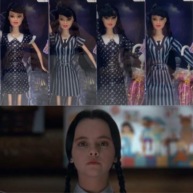 Poupée Mercredi Addams de la Famille Addams Articulée avec Parapluie et Tenues à Pois 5 et 11 Options d'Articulation