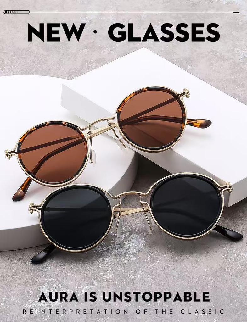 Vintage Round Frame Sunglasses Women's Luxury Metal Frame Eyeglasses Men's Business Style Fishing Cycling Driving Sun Glasses
