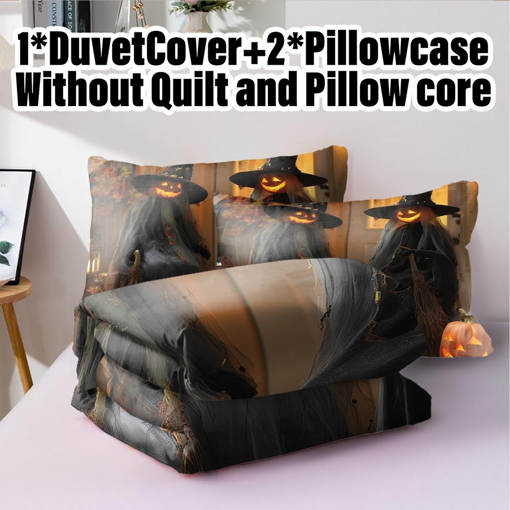 3pcs Christmas Duvet Cover Set without Core Quilt Cover with 2 PillowcasesSoft and Machine Washable Halloween Themed Bedding