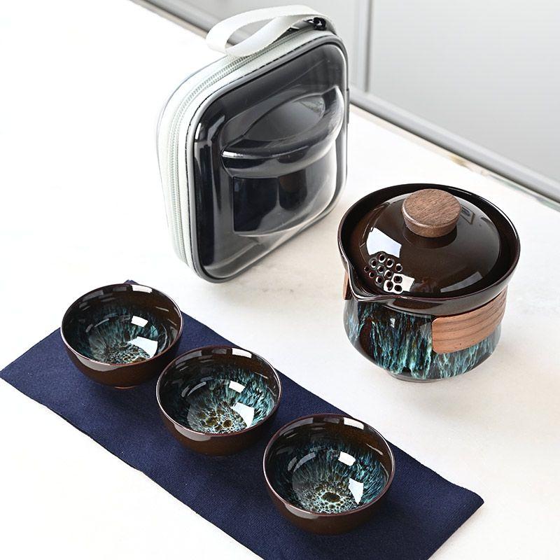 Portable Travel Tea Set Outdoor Tea Bag Ceramic One TeaPot with Three Cups, Storage Bag, Teaware, Quick Guest Teacup