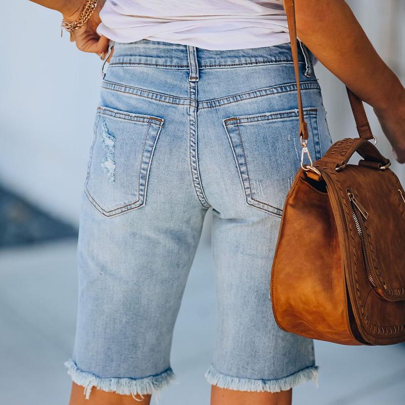 European Summer Tassel Ripped Skinny Cropped Jeans - Women's Mid-Waist Fashion
