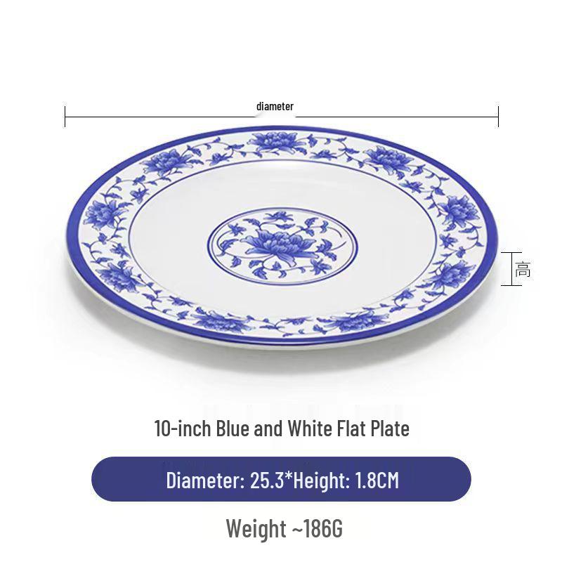 Plato redondo de melamina azul y blanca - Imitación de porcelana gruesa, ideal para salteados, arroz y uso en restaurantes.