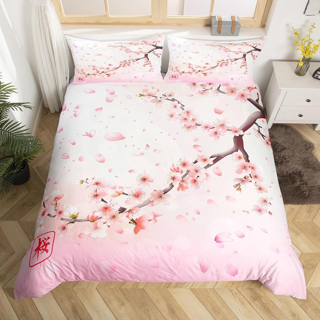 Cherry Blossoms Bedding Set for Boys Girls Japanese Style Floral Botanical Comforter Cover Twin King Sakura Flower Duvet Cover