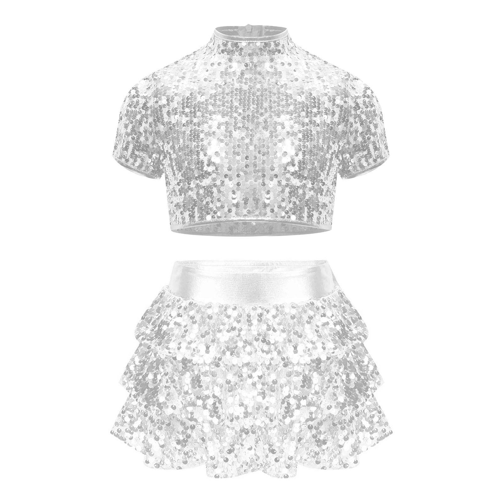 

Дівчачий блискучий топ з паєтками, з коміром-стійкою, з короткими рукавами, дизайн з багаторівневою спідницею-рюшем, шорти, костюм для чирлідингу, джазу 5-6 Years срібний