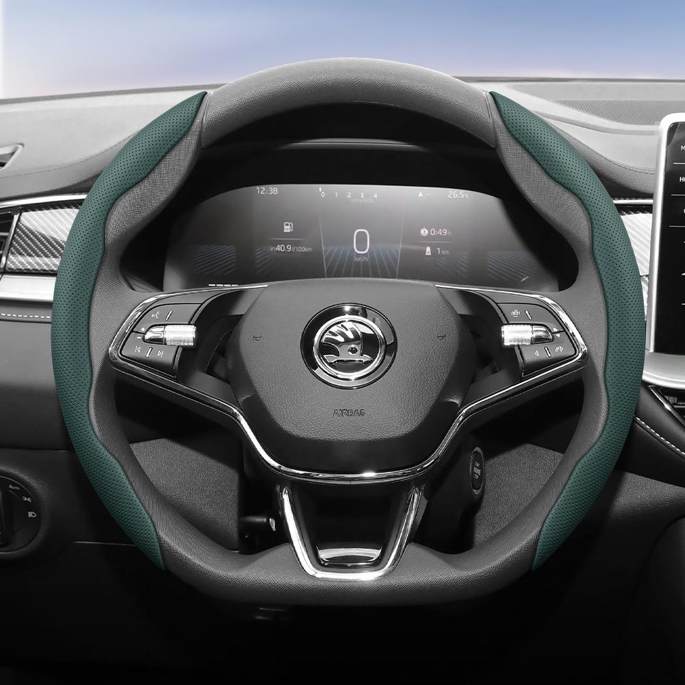 WFM1  Suitable for Skoda Breathable Leather Steering Wheel Cover with Segmented Quick-Release Design, Non-Slip and Durable, Octavia Rapid Kodiaq 