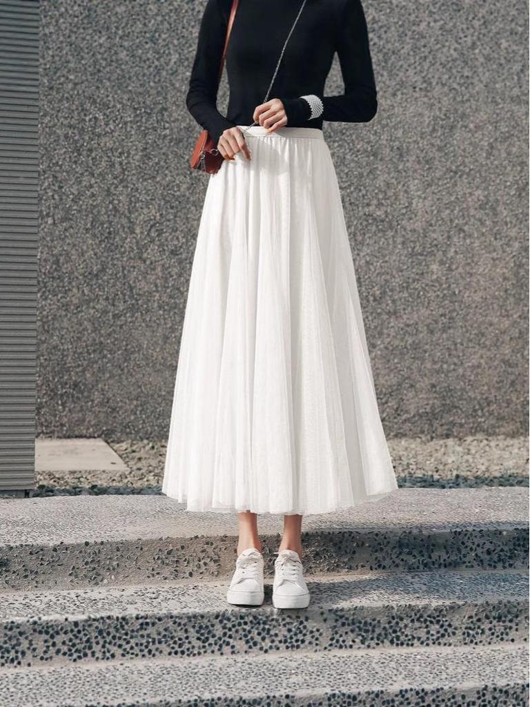 Women's High-Waist Mid-Length Pleated Mesh Skirt