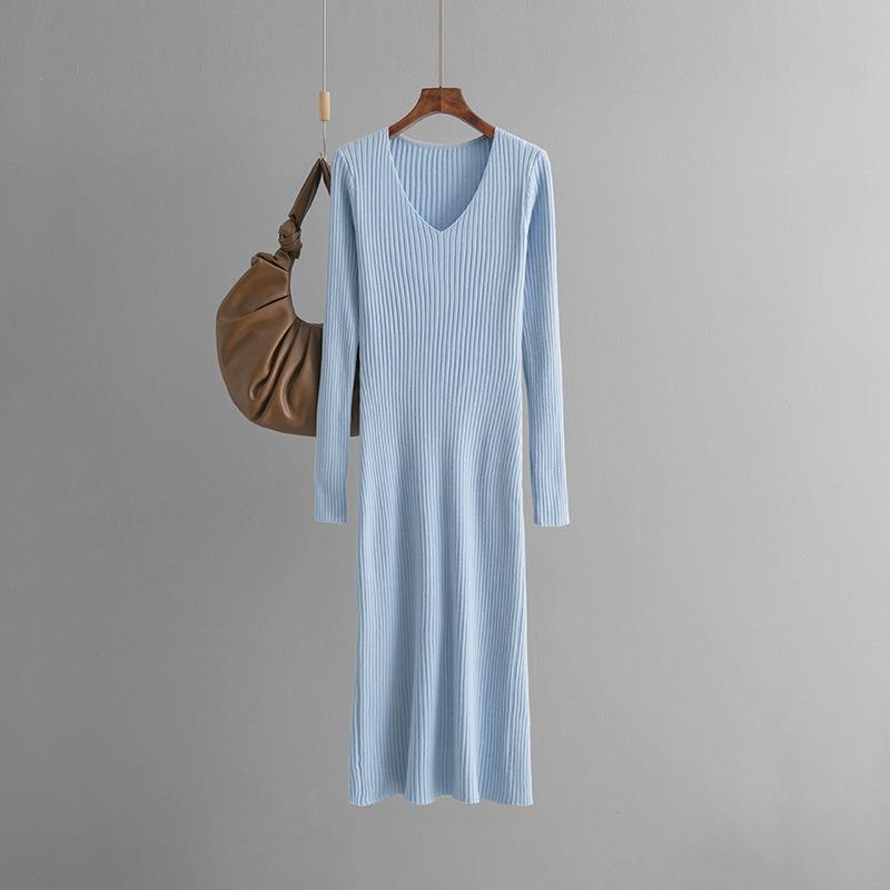 Autumn and winter v-neck knitted dress women's outerwear straight tube thin long-sleeved pit strip split bottom knee sweater skirt