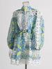 Hit Color Hollow Out Printing Mini Dresses Lapel Long Sleeve High Waist Patchwork Lace Up Dress