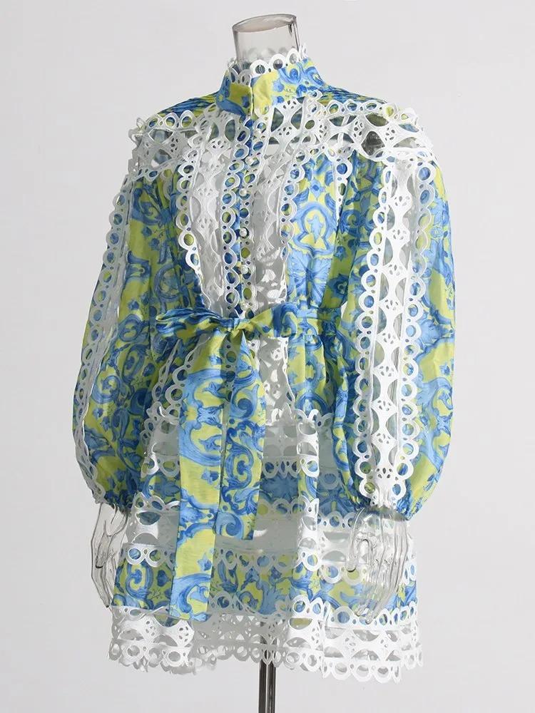 Hit Color Hollow Out Printing Mini Dresses Lapel Long Sleeve High Waist Patchwork Lace Up Dress