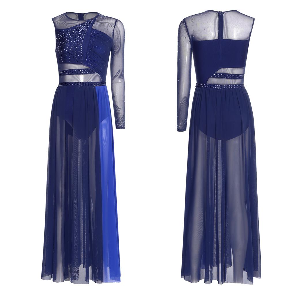 Lyrisches Tanzkleid für Damen Glänzende Strasssteine Colorblock Patchwork Seitenschlitz Mesh Bühnenbekleidung