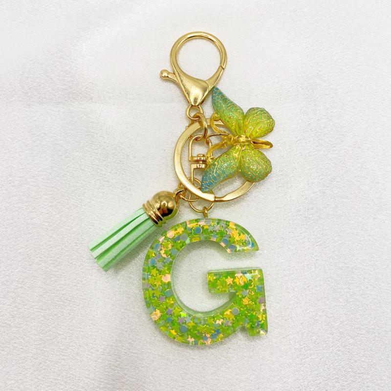 26-Letter Alphabet Resin Keychain with Star Sequins & Tassel Charm