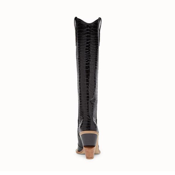 Leather women knee high boots pointed toe western cowboy boots women mid-calf chunky wedge boots