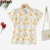 Women Flare Short Sleeve Floral Print Buttons Casual Summer Shirts Blouse