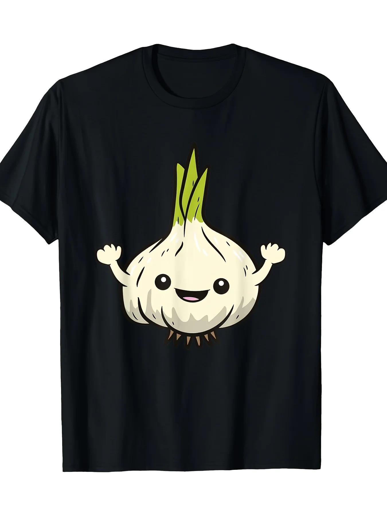 Cute Cartoon Garlic Bulb Graphic Tee Unisexs Funny Food Lover Short Sleeve Cotton TShirt Casual S