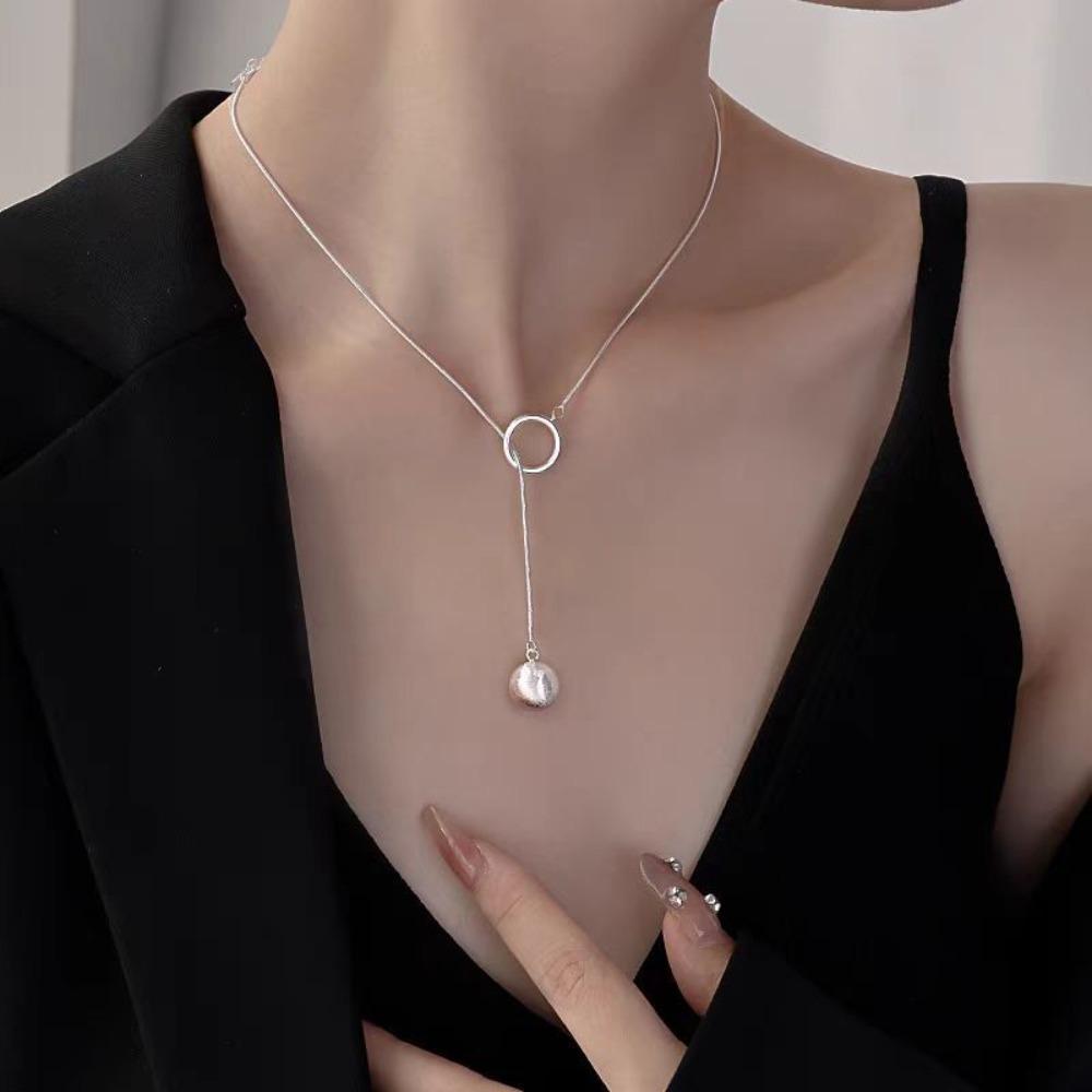 Geometric Shape Brushed Round Ball Necklace Minimalist Silver Bead Necklace  Daily Wear