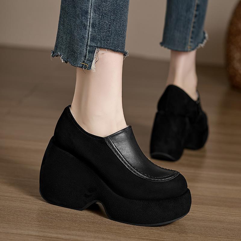 

Thick-soled muffin shoes 10cm wedge heels single shoes round head small height-increasing women s shoes waterproof table deep-mouth high heels 34