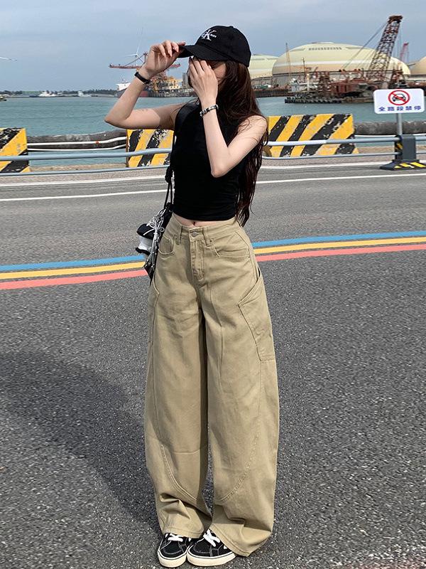 

Winter 2025 Khaki Wide-Leg High-Waist Jeans with Big Pockets for Women XL (60-65 kg)