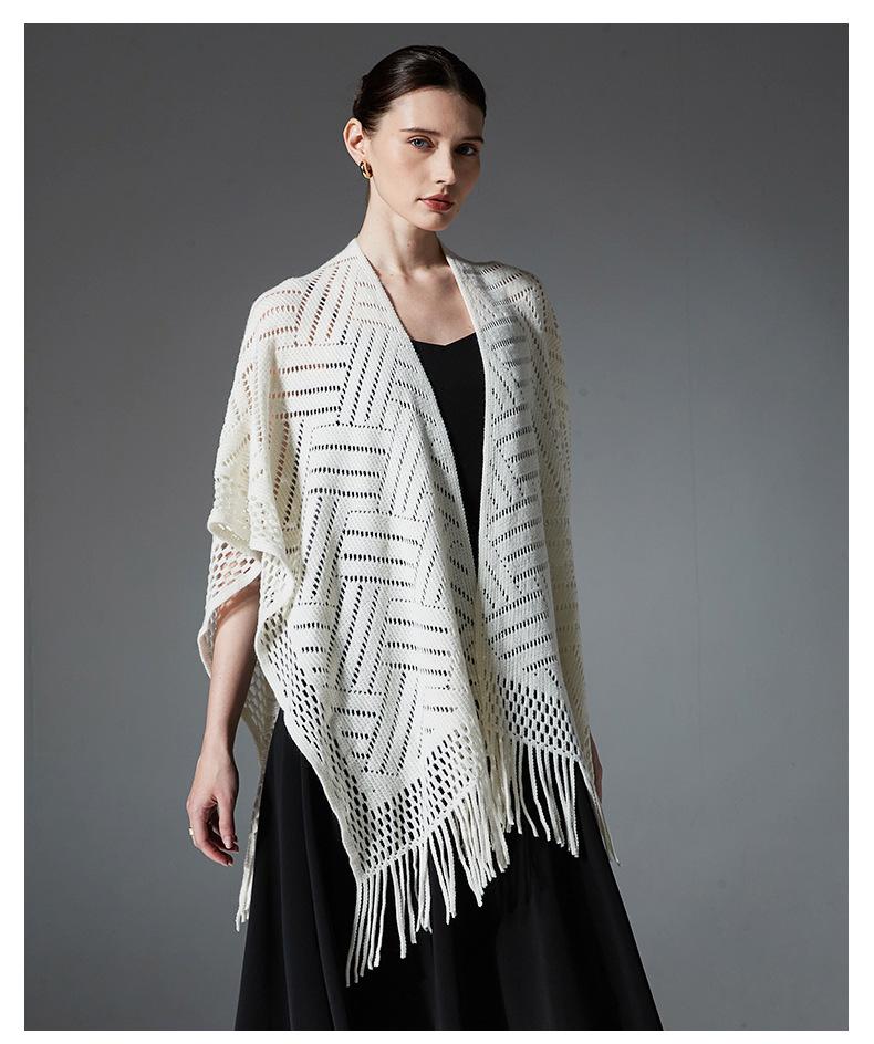 Hot-Selling Knit Shawl: Spring Summer Autumn, Hollow Design, Tassel Trim, Solid Color, Lightweight for European & American Styles.