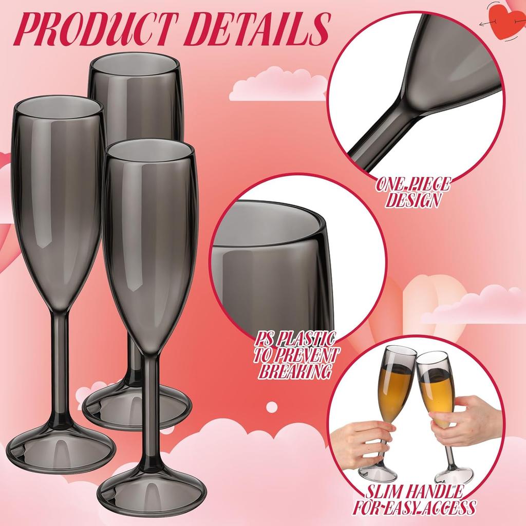 40 Pcs 6 oz Champagne Flutes Bulk, Translucent Black Acrylic High Stem Wine Glasses for Wedding, Birthday, Christmas Party