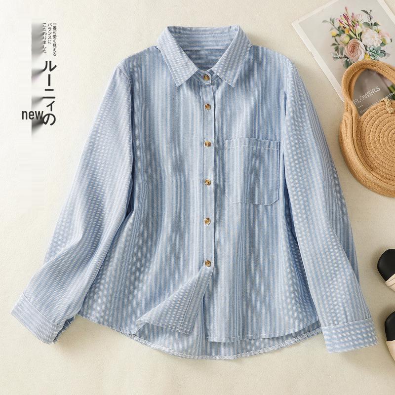 2025 Artistic Cotton Linen Striped Long Sleeve Casual Plus Size Shirt M синий