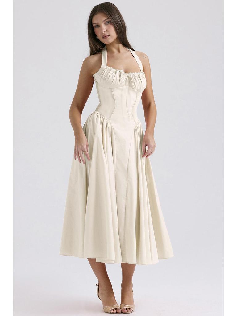 2025 European & American Style Summer Slim Spaghetti Strap Printed Halter Lace Dress