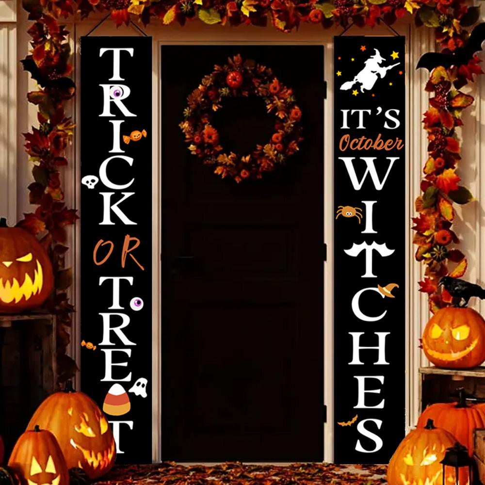 Spooky Festive Porch Sign Set Halloween Xmas Dual Door Curtain Gothic Banner Hanging Scary Merry Party Decor