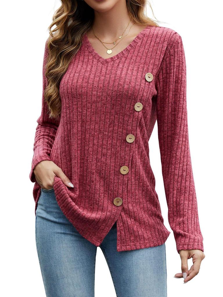 2023 Women's Autumn & Winter V-Neck Button Split Loose Long-Sleeve T-Shirt Top