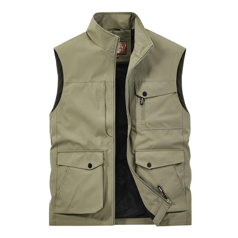 Men's Clothing Solid Color Pocket High Collar Zipper Sleeveless Cardigan Workwear Sports Vest Fashion Top