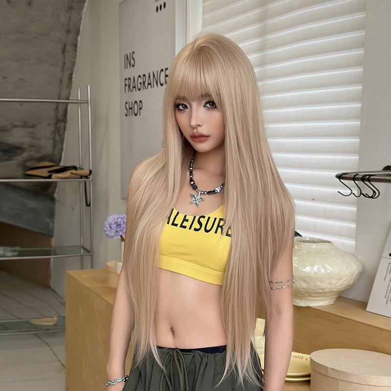 Ainizi New Arrivals Korean Style 76cm Long Straight Pearl Blonde None Lace Matte Synthetic Hair Wigs With Bangs for Women