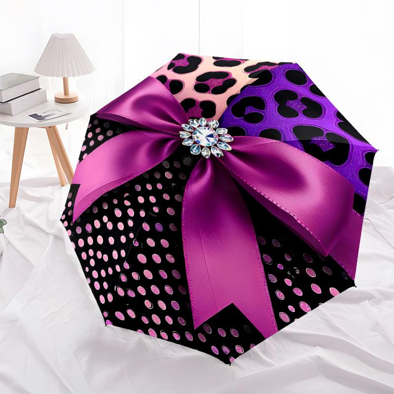 1pc Leopard Print Bow Automatic Open/Close Umbrella - Compact Travel Umbrella, Gift for Birthday, Holiday Yy260106065
