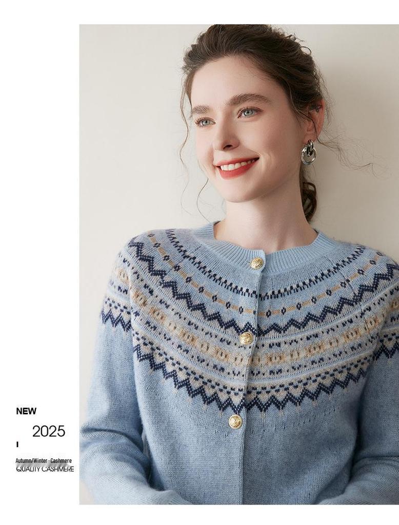 Cardigan Dama Etnic Fair Isle Floral din Cașmir - Pulover cu Tricotaj Larg și Gât Rotund